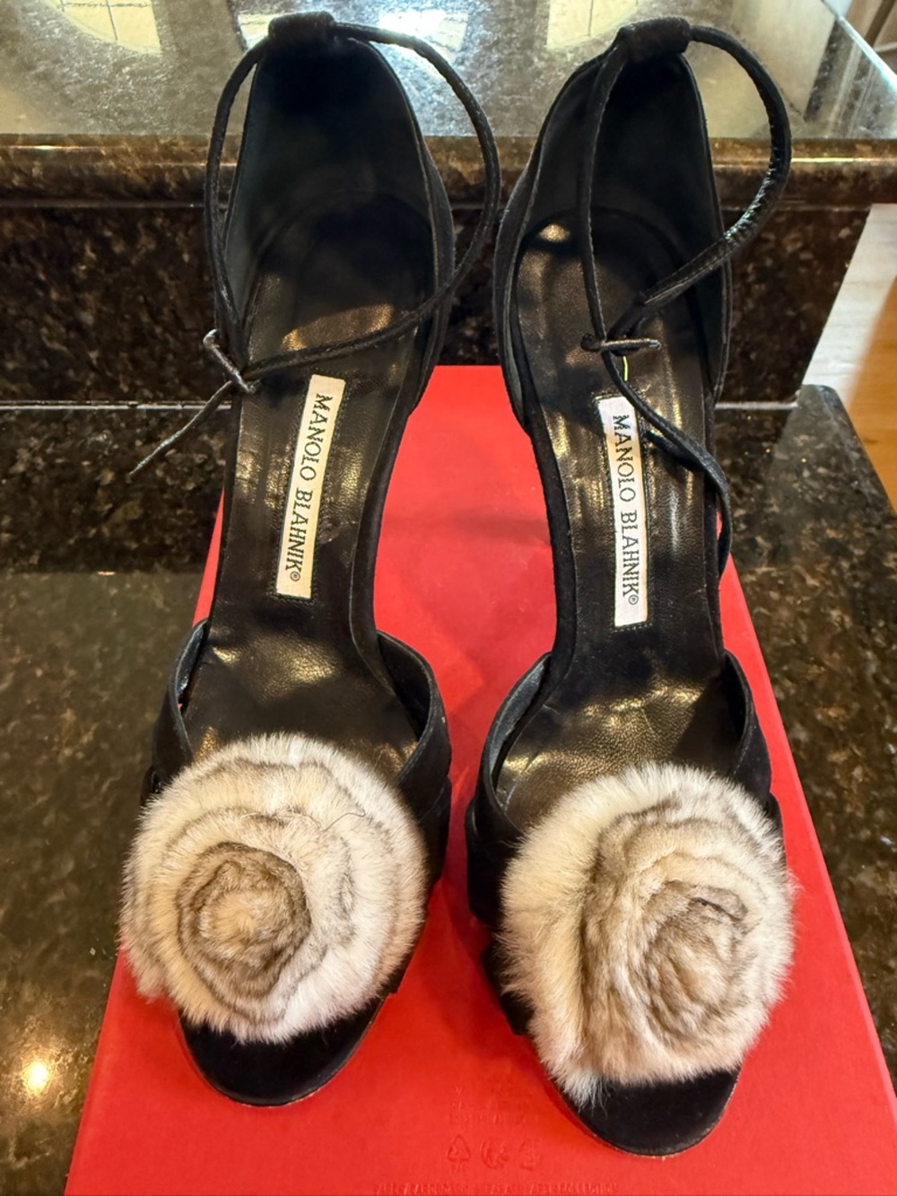 Manolo Blahnik Black Suede Heels with Chinchilla Fur Rosette